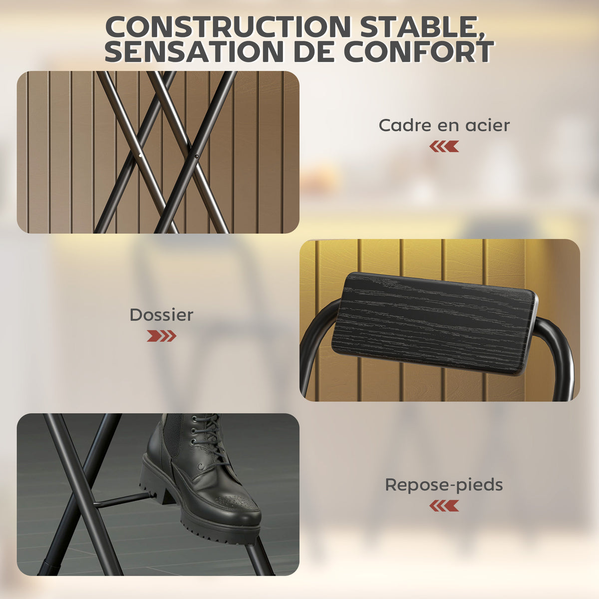 Lot de 2 tabourets de bar pliables avec dossier et repose-pieds, cadre en acier, 87 cm de haut, noir