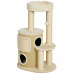 Arbre à Chat Multi-Niveaux avec Tonneau, Double Niche, Lit, Plateforme, Poteaux à Griffer en Sisal, 55x39x90cm, Beige