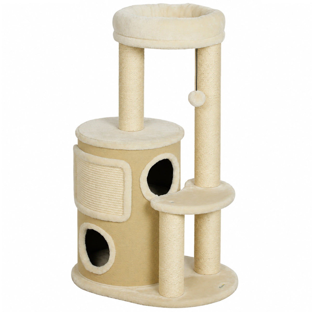 Arbre à Chat Multi-Niveaux avec Tonneau, Double Niche, Lit, Plateforme, Poteaux à Griffer en Sisal, 55x39x90cm, Beige