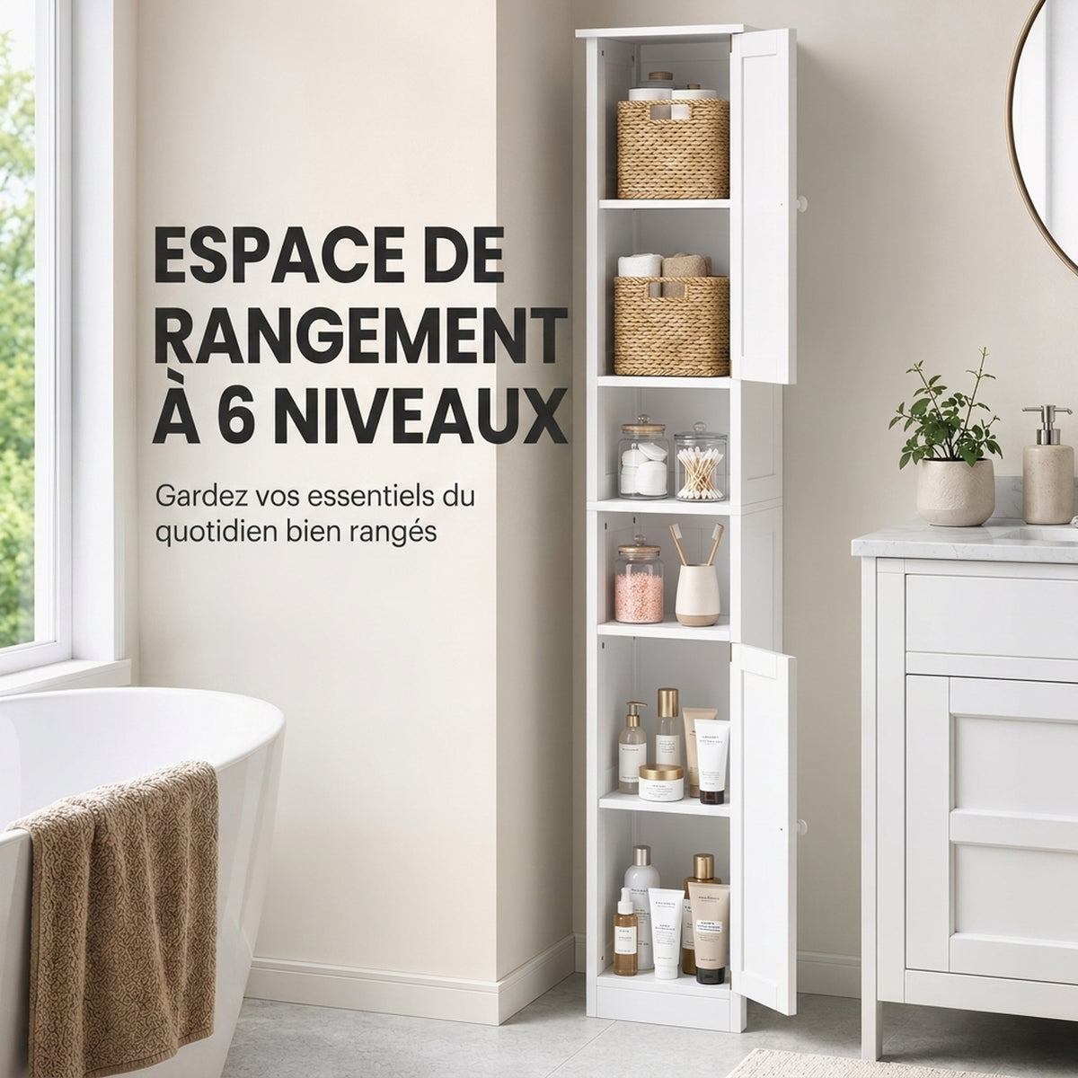 Mueble de baño alto, mueble de almacenamiento con 2 puertas, 2 compartimentos abiertos, estante ajustable, blanco