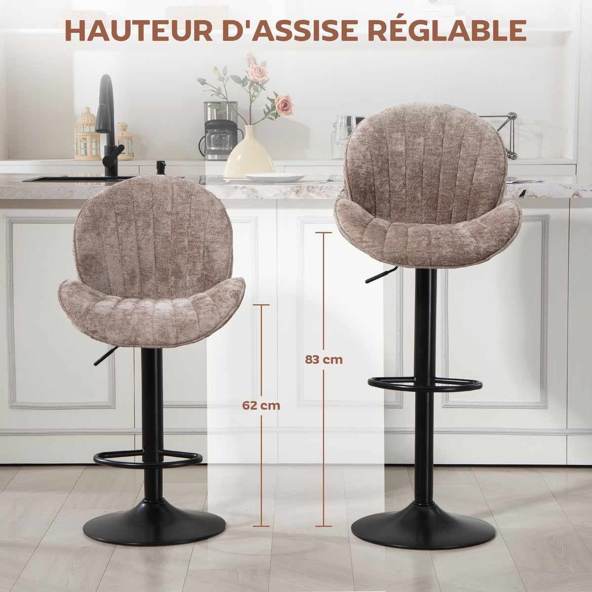 Lot de 2 tabourets de bar forme de coquillage, dossier, hauteur réglable et repose-pieds, cadre en acier, marron