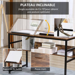 Table à dessin inclinable bureau informatique design industriel - plateau relevable, étagère - panneaux particules aspect vieux bois métal noir