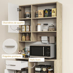 Armoire de cuisine haute, meuble de rangement moderne avec étagères réglables, tiroir, blanc et aspect bois