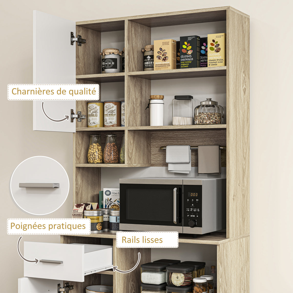 Armoire de cuisine haute, meuble de rangement moderne avec étagères réglables, tiroir, blanc et aspect bois
