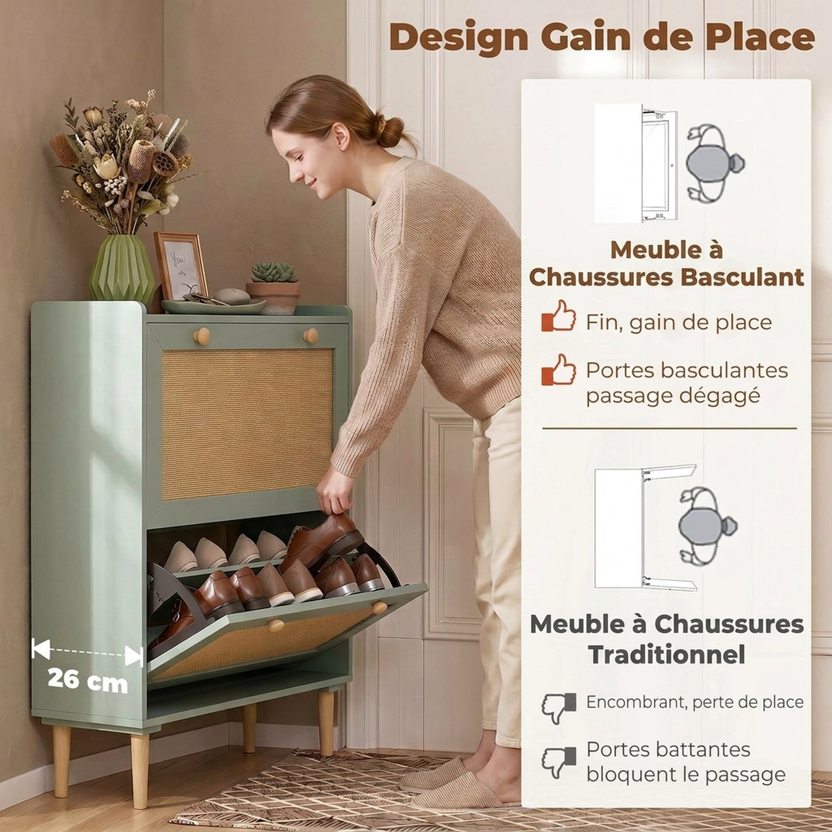 Meuble à chaussures 12 paires, armoire à chaussures avec 2 tiroirs rabattables, étagères réglables, 80x26x101 cm, vert
