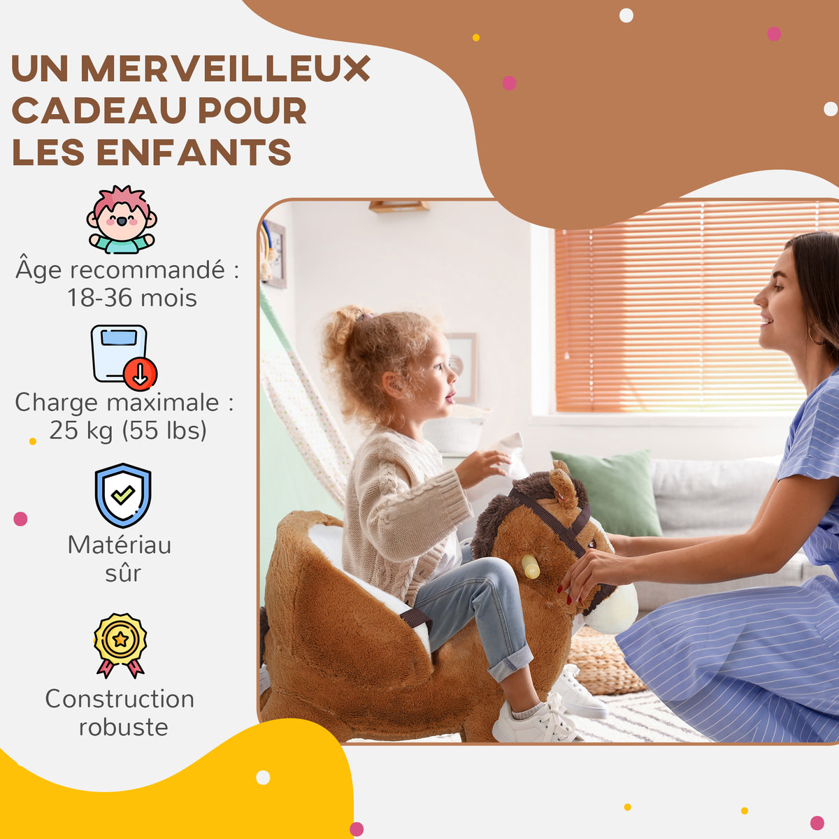 Cheval à bascule pour enfants jouet à bascule bébé de 18 à 36 mois avec effet sonore base en bois ceinture de sécurité