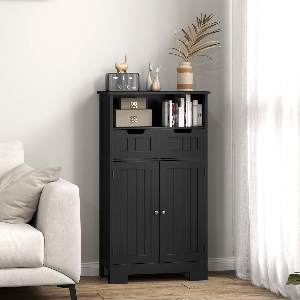 Meuble Bas de Salle de Bain Multi-rangements Grande Niche 2 tiroirs Placard Double Porte avec étagère Noir