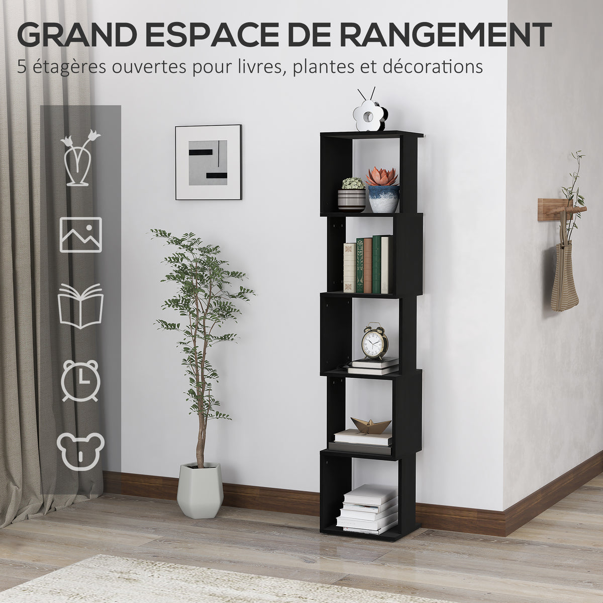 Bibliothèque étagère Design Moderne à 5 Niveaux – Rangement Pratique pour Maison ou Bureau, noir