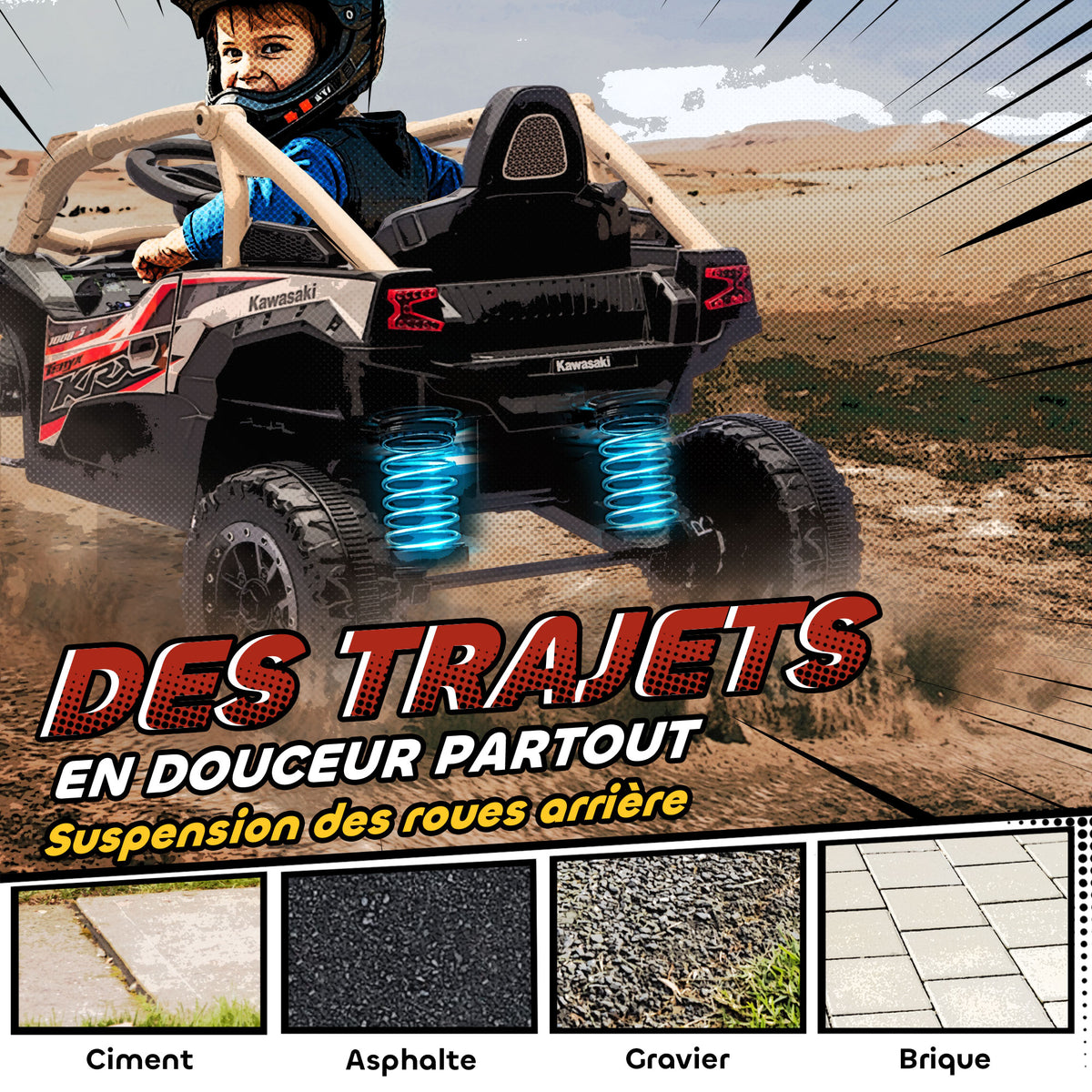 Voiture électrique enfant UTV KAWASAKI TERYX KRX 1000 12 V à 2 moteurs 25 W télécommande 2,4 Ghz 100 x 64 x 56 cm jaune