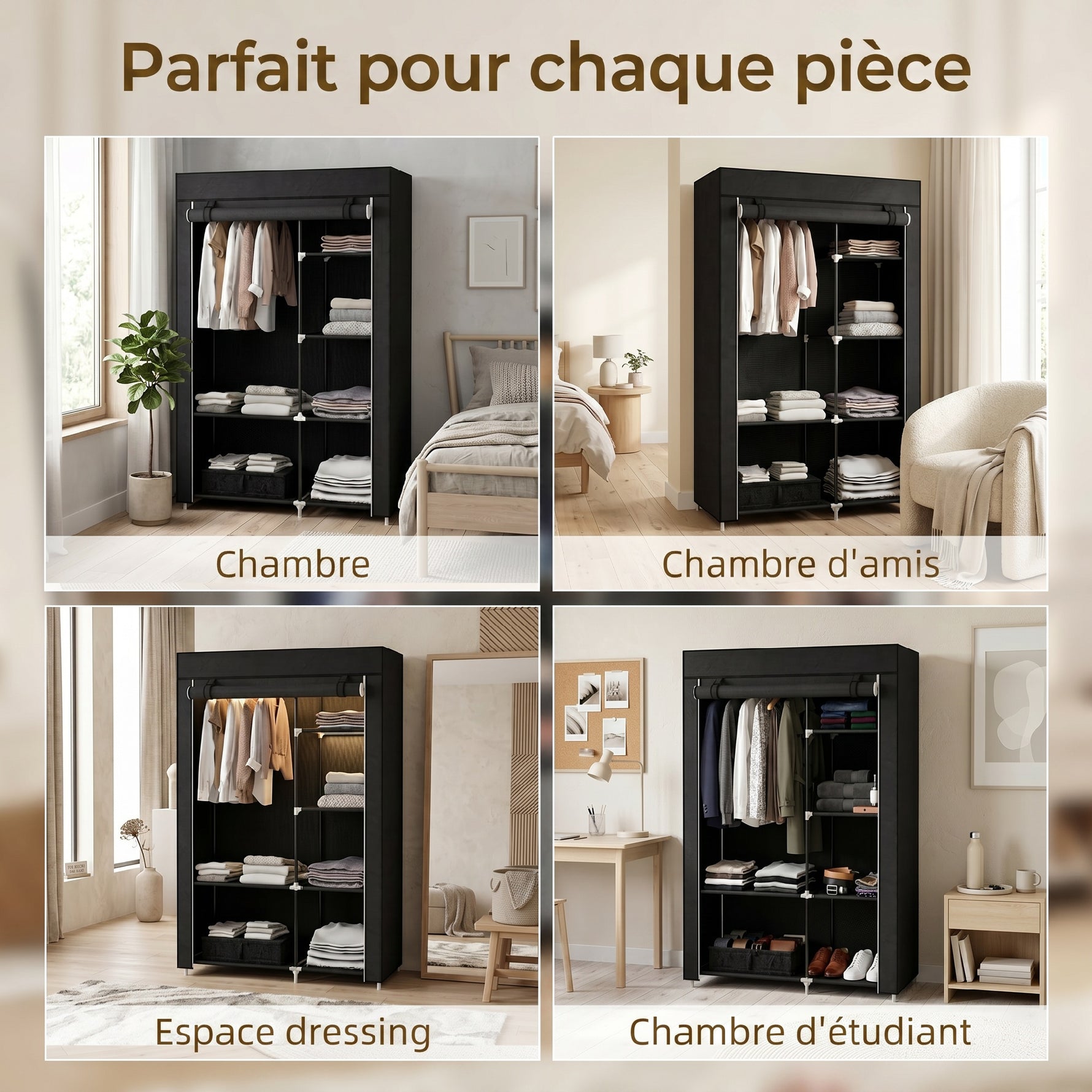 Armoire penderie multi-rangement - 6 étagères, 1 barre - non tissé noir