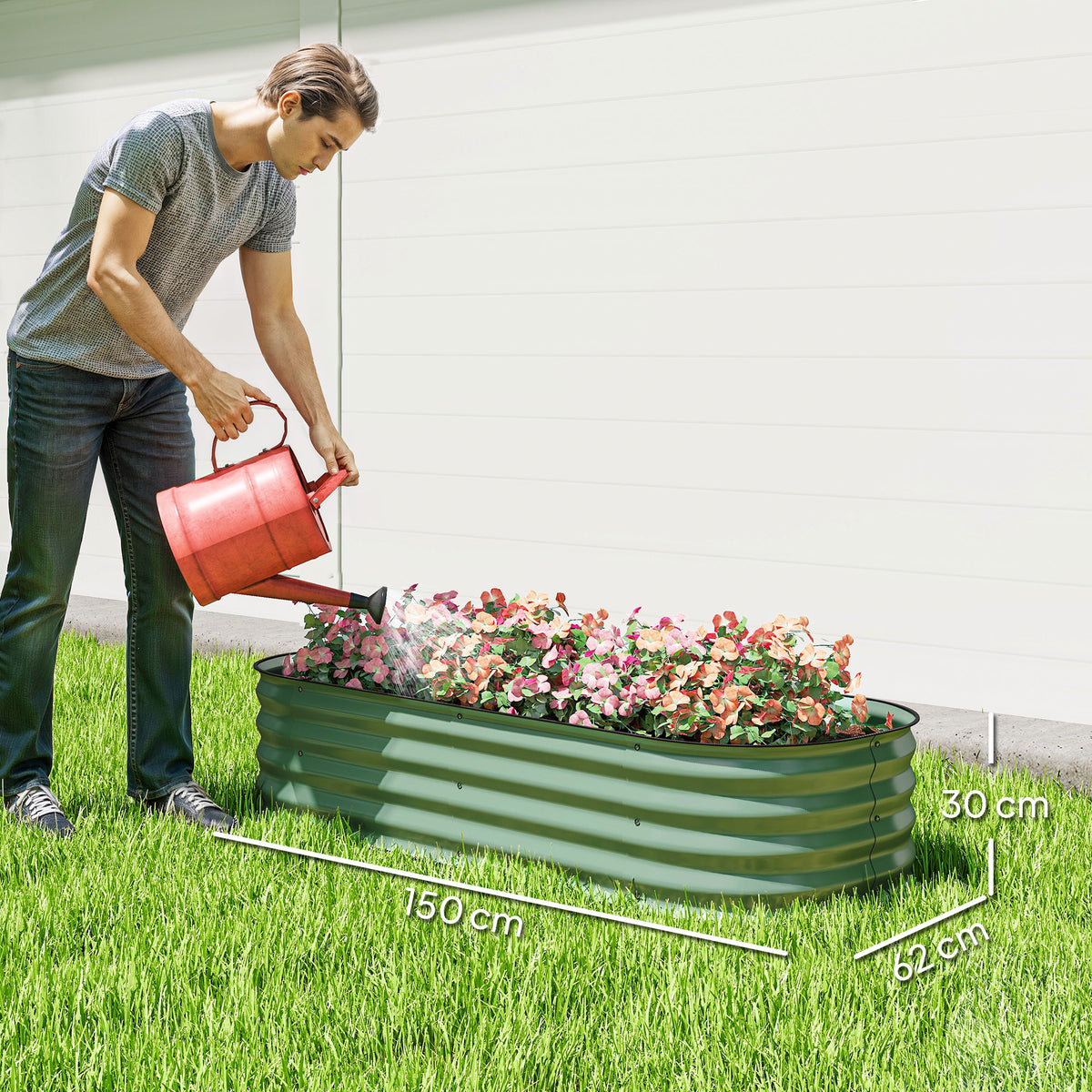 Jardinière surélevée carré potager de jardin en acier modulable légumes, plantes, fleurs, dim. 150 x 62 x 30 cm vert-2