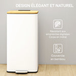 Poubelle de Cuisine 20L, Poubelle avec Pédale, Couvercle en Bambou à Fermeture Douce, Seau Intérieur Amovible, Blanc