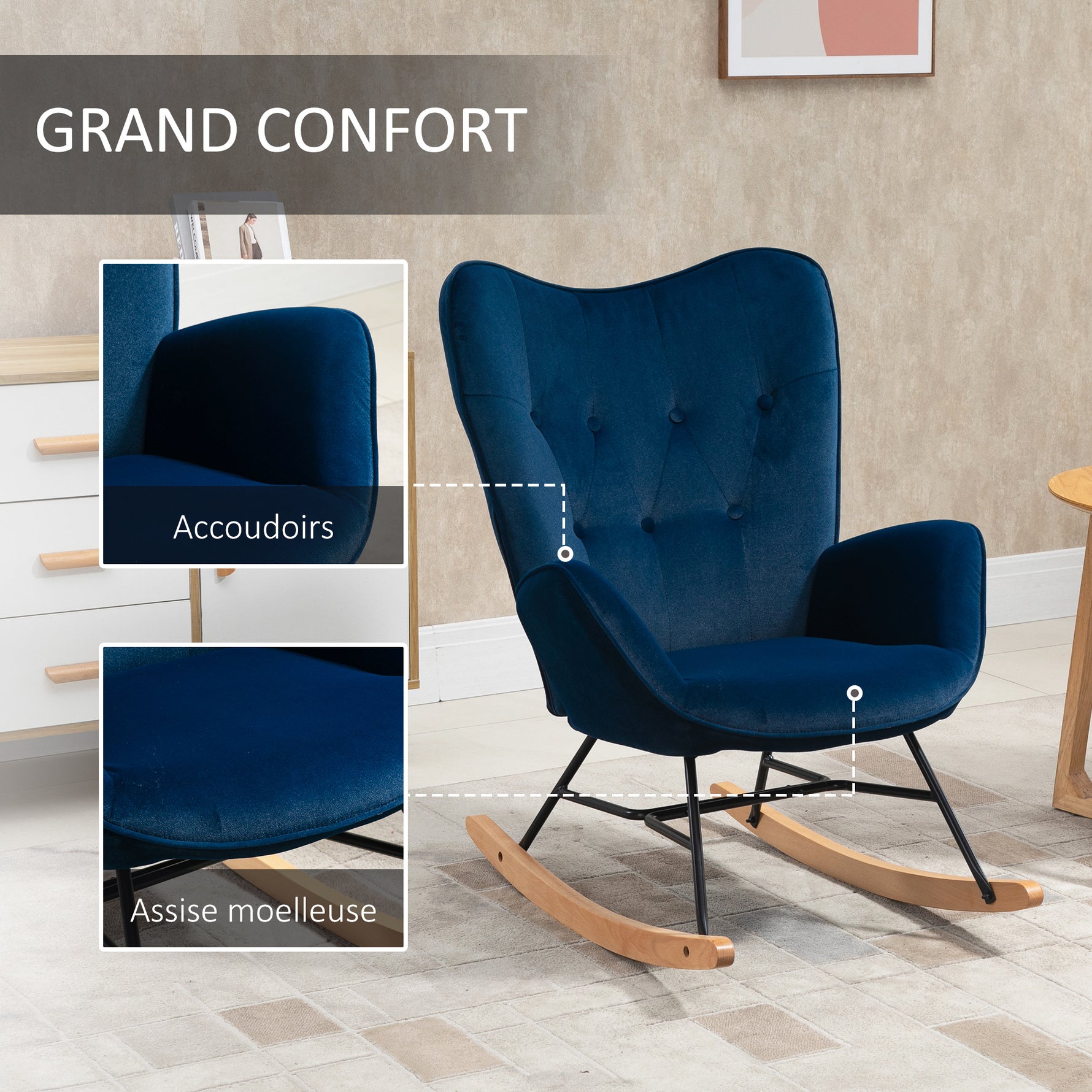 Fauteuil à Bascule, Rocking Chair, fauteuil allaitement confortable avec Structure en bois massif et métal pour Salon, Chambre, Balcon, Velours Bleu