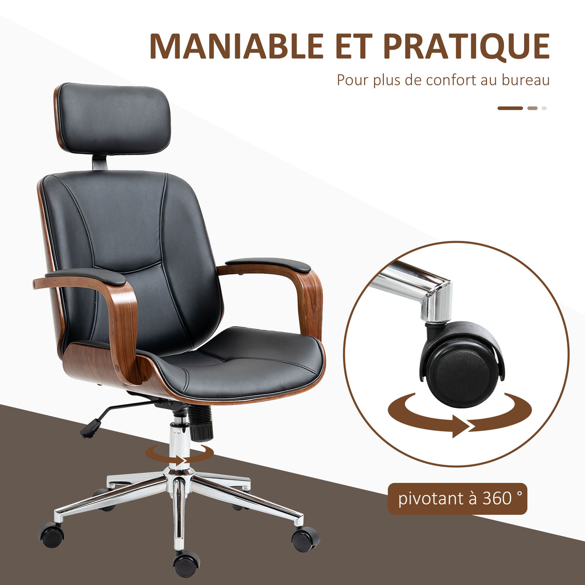 Fauteuil de bureau, chaise de bureau avec appui-tête amovible hauteur réglable et fonction de bascule, 66x65x125cm, noir