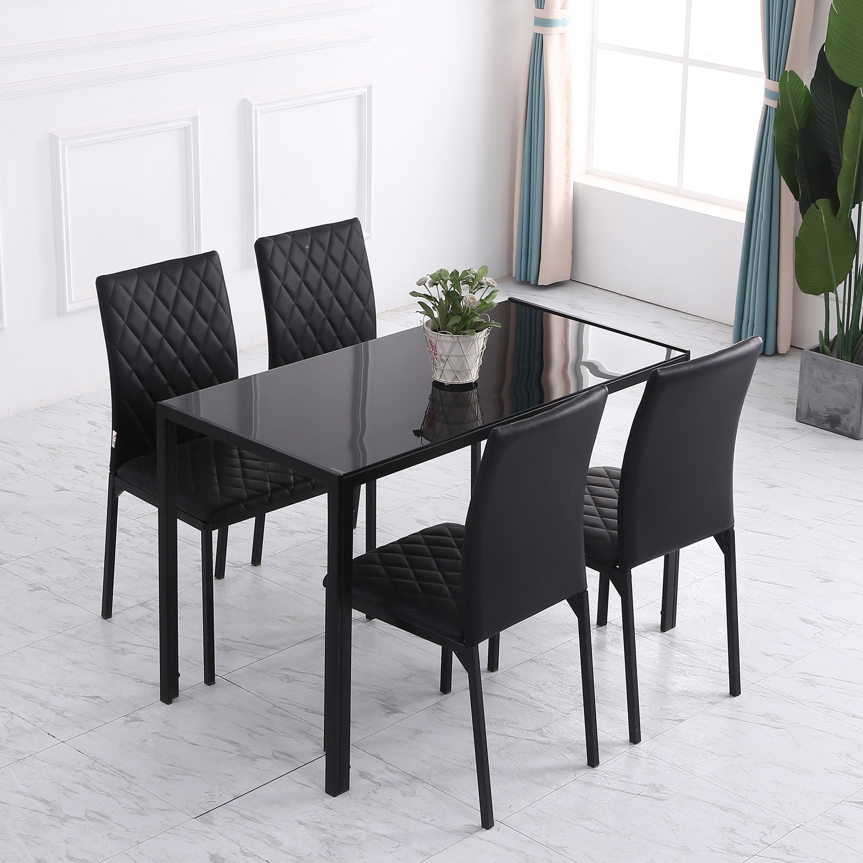 Lot de 4 chaises de salle à manger, chaises de cuisine, capitonnage rhombique et pieds en métal, 41x50x91cm, noir