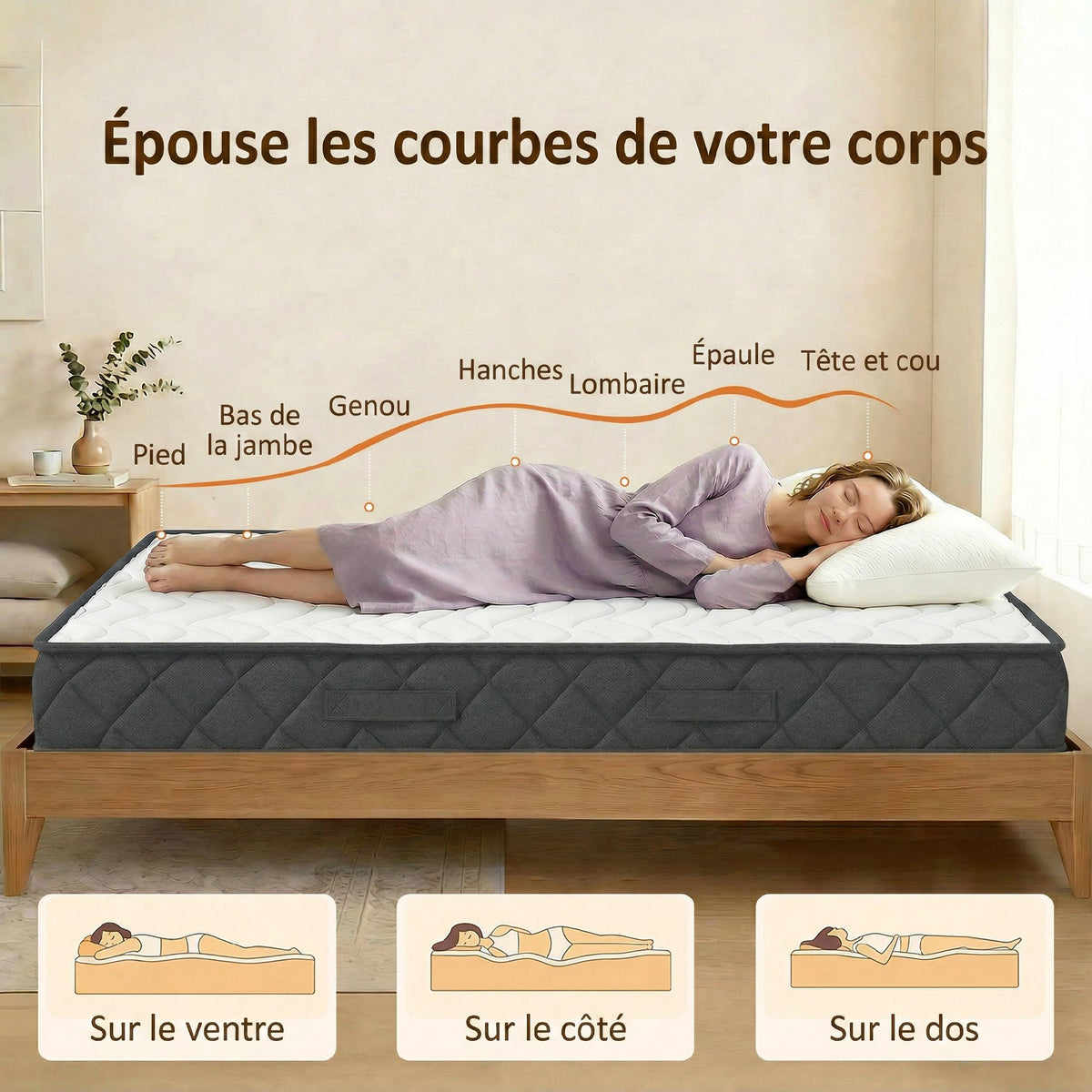 Matelas 90x190cm, matelas 1 personnes, mousse à mémoire de forme, 20cm d'épaisseur, certifié Oeko-Tex, fermeté moyenne