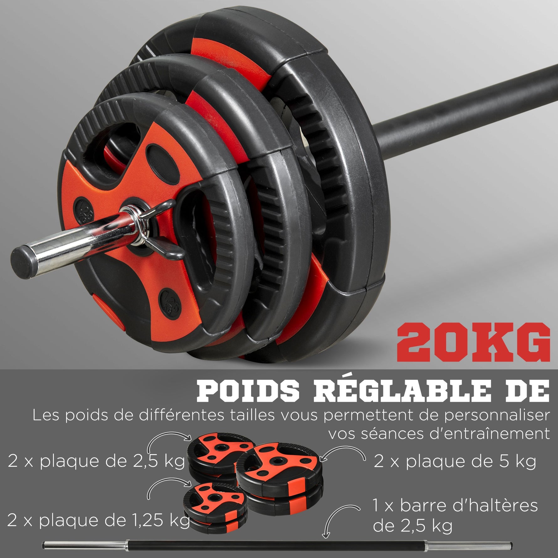 Ensemble d'haltère 20 kg kit barre de musculation avec poignée antidérapante, poids réglable, Ø 27 x 140 cm noir