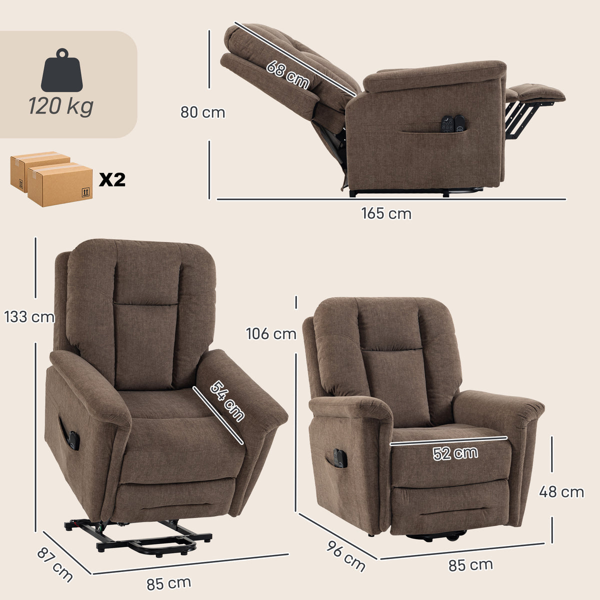 Electric Lift Chair Massage and Heat Electric Recliner Chair Velvet USB Port Reclining Backrest Brown
