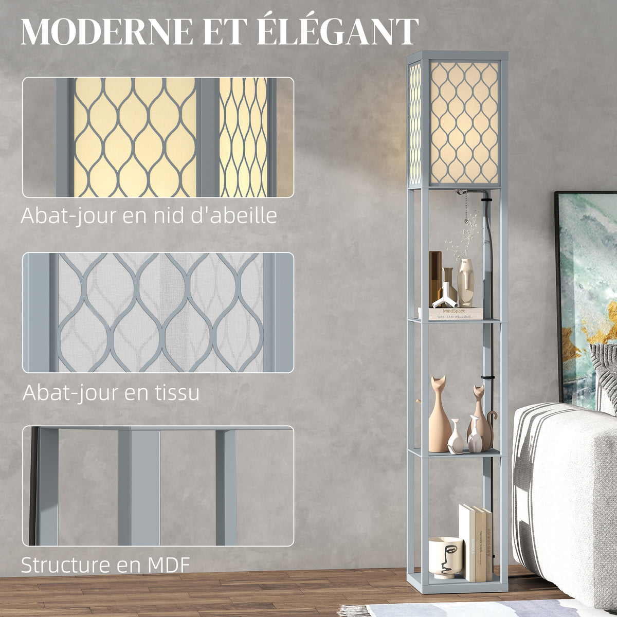 Lampadaire avec étagères, lampadaire sur pied de salon 3 niveaux, interrupteur à tirette 26 x 26 x 160 cm, gris et blanc