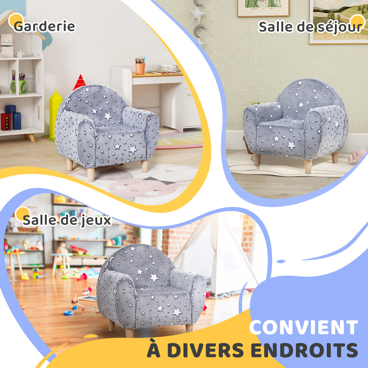 Kinder-Kindersessel, leuchtendes Kindersofa mit Sternenmuster, Samtstoff, für Jungen und Mädchen, Grau