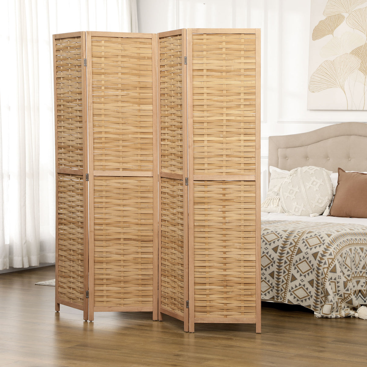 Paravent en bois séparateur de pièce closion de séparation pliable 4 panneaux en bambou 160 x 170 cm naturel clair