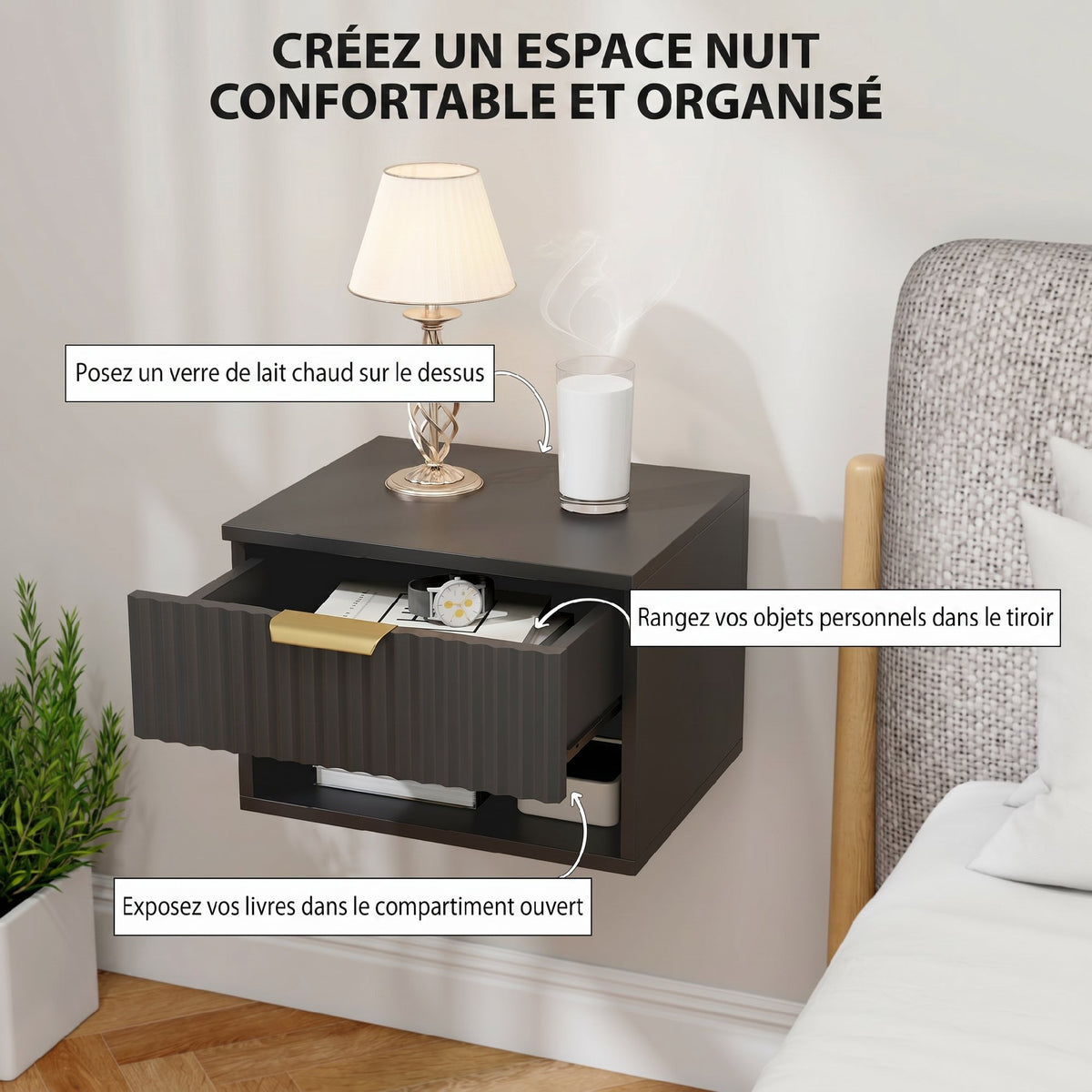 Lot de 2 tables de chevet suspendues, tables de nuit murales avec tiroir et niche, moderne, 40x34x29cm, noir