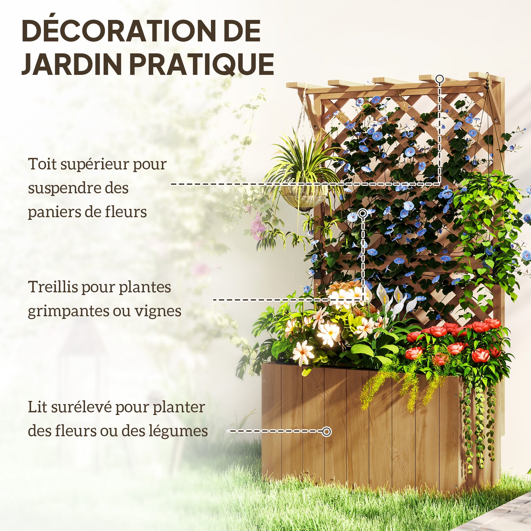 Jardinière avec treillis, bac à fleurs en bois massif avec trous de drainage et doublure, 64 x 33 x 122 cm, bois naturel
