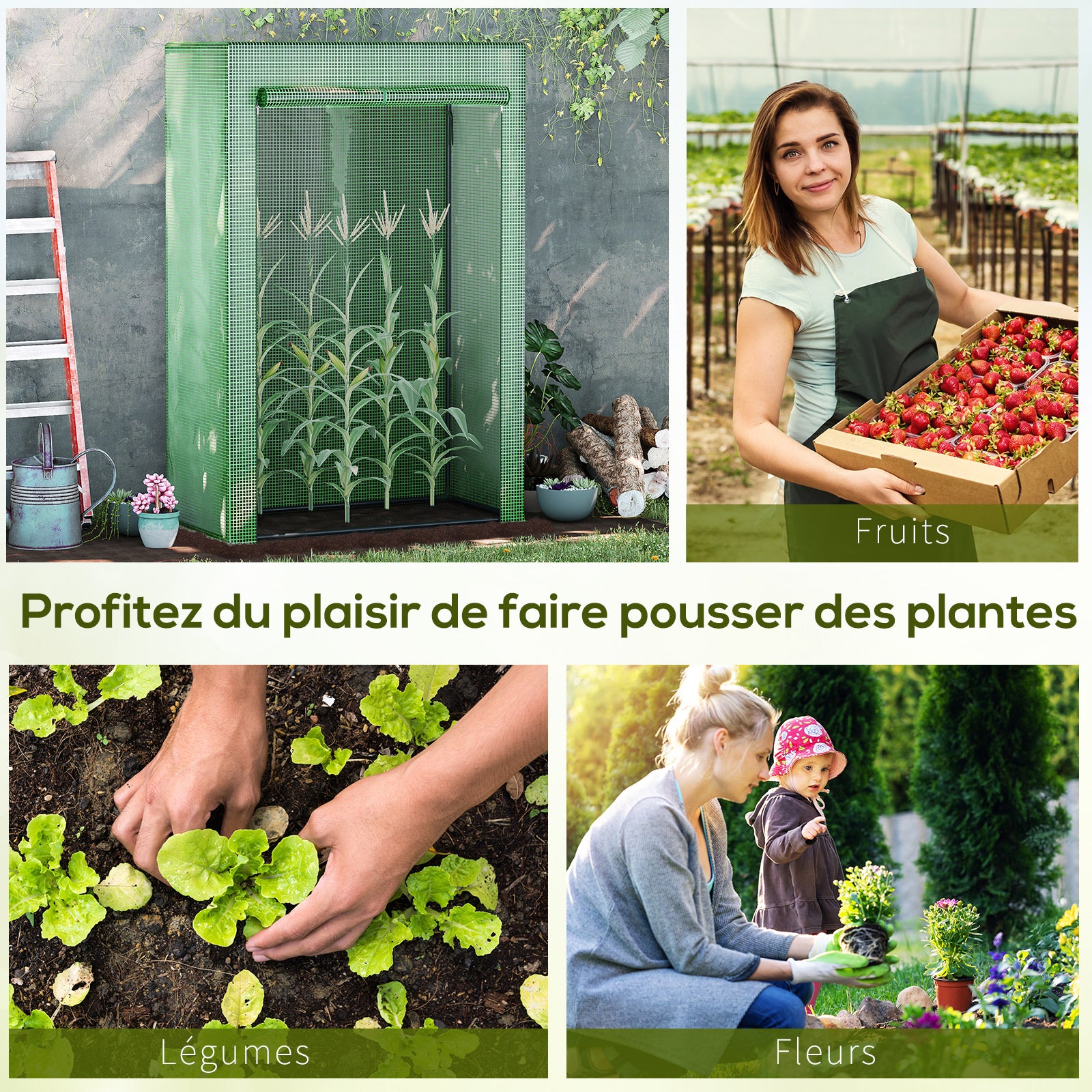 Serre de jardin, serre de balcon, bâche renforcée PE, châssis en acier, porte zippée enroulable, pour légumes plantes fleurs en toutes saisons intérieur et extérieur, 100 x 50 x 150 cm vert