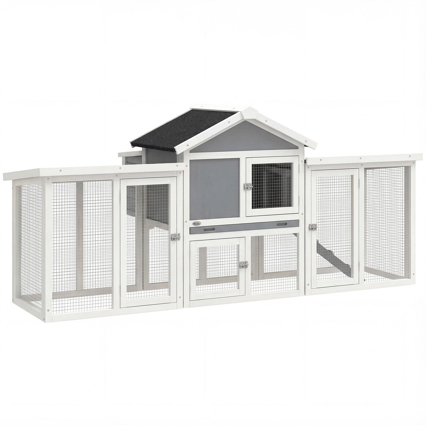Poulailler clapier modèle chalet multi-équipé : rampes, nichoirs, plateau, en bois massif 204 x 85 x 93 cm gris