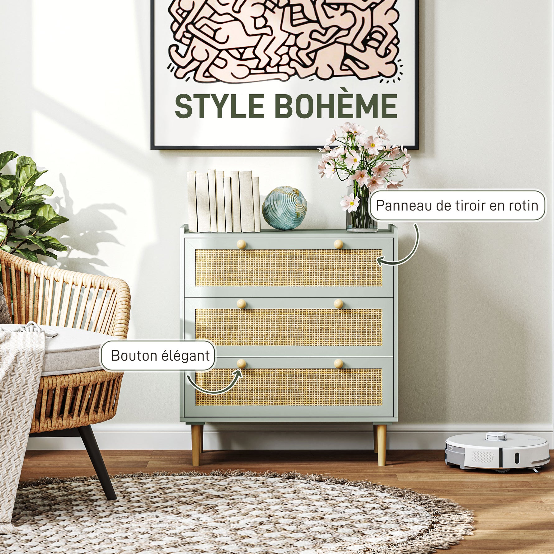 Commode design bohème en rotin avec 3 tiroirs, meuble de rangement pour le salon, le couloir, l'entrée, vert olive