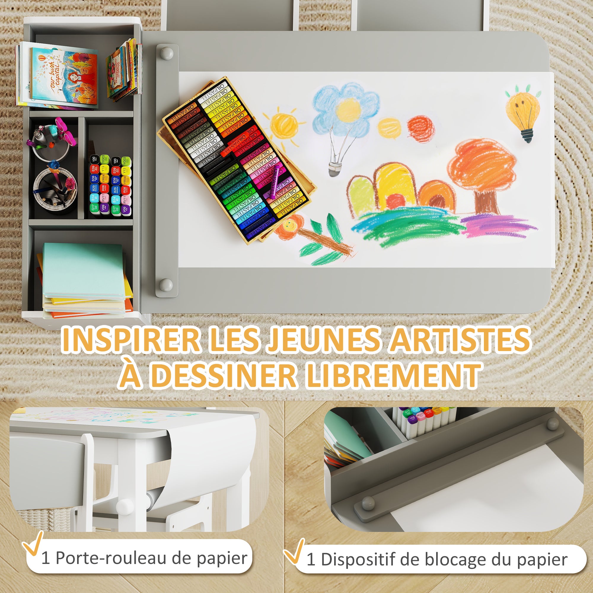 Set tavolo e 2 sedie per bambini in legno con rotolo di carta, ripiani e cassetti, per bambina e bambino 3-8 anni, grigio