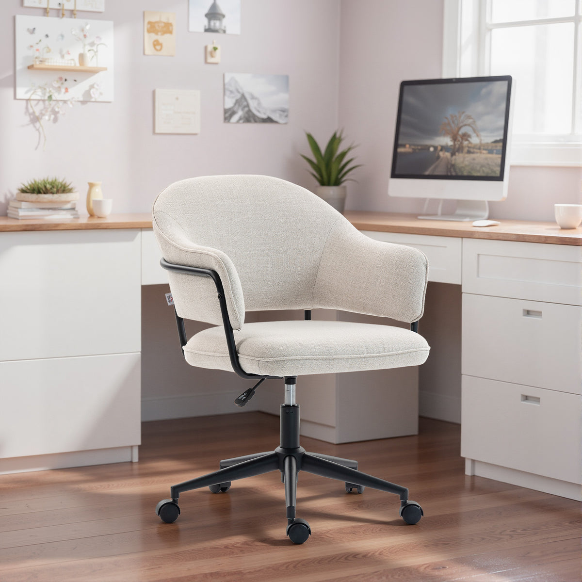 Chaise bureau ergonomique, fauteuil de bureau avec hauteur réglable, pivotant 360°, 63 x 65 x 83-92 cm, crème