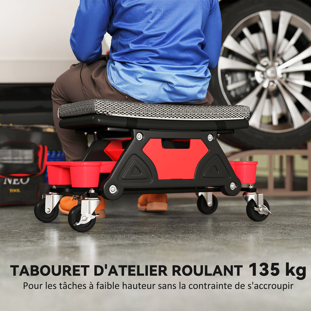 Tabouret d'atelier mobile 135 kg, tabouret de mécanicien avec roulettes rotatif à 360°, 64,5 x 33 x 35 cm, noir