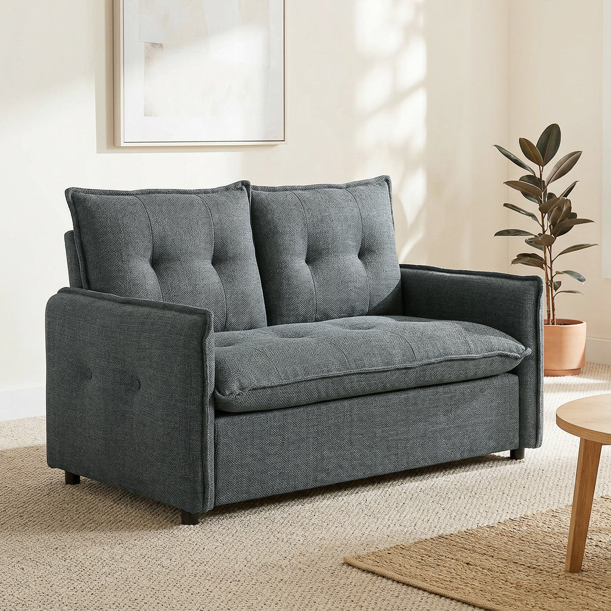 Canapé 2 places, canapé de salon moderne 131 cm avec assise rembourrée, coussins à ressorts, tissu en lin, gris foncé
