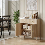 Buffet, meuble de rangement cannelé avec plateau effet marbre, 2 tiroirs, 2 portes, étagère réglable, 77x30x80cm, chêne