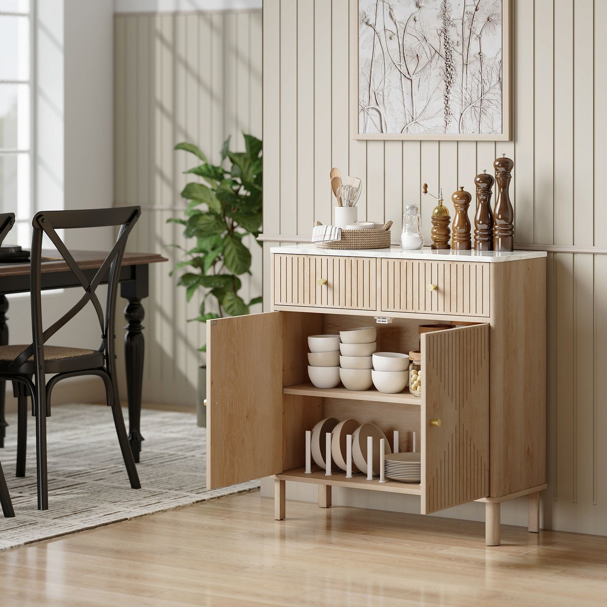 Buffet, meuble de rangement cannelé avec plateau effet marbre, 2 tiroirs, 2 portes, étagère réglable, 77x30x80cm, chêne