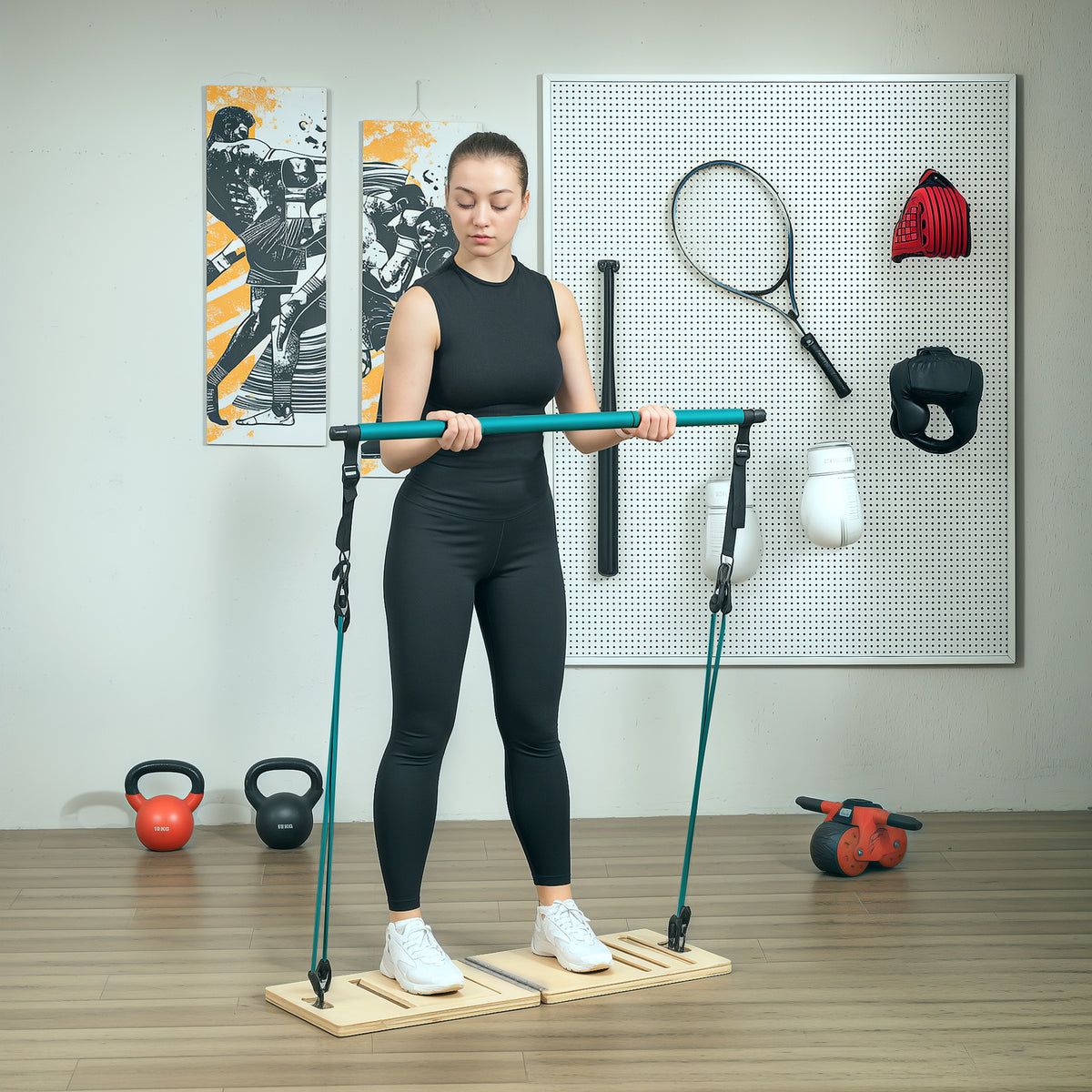 Pilates-Stangen- und Widerstandsband-Set mit verstellbarem Schrägbrett, Trainingsgerät blau