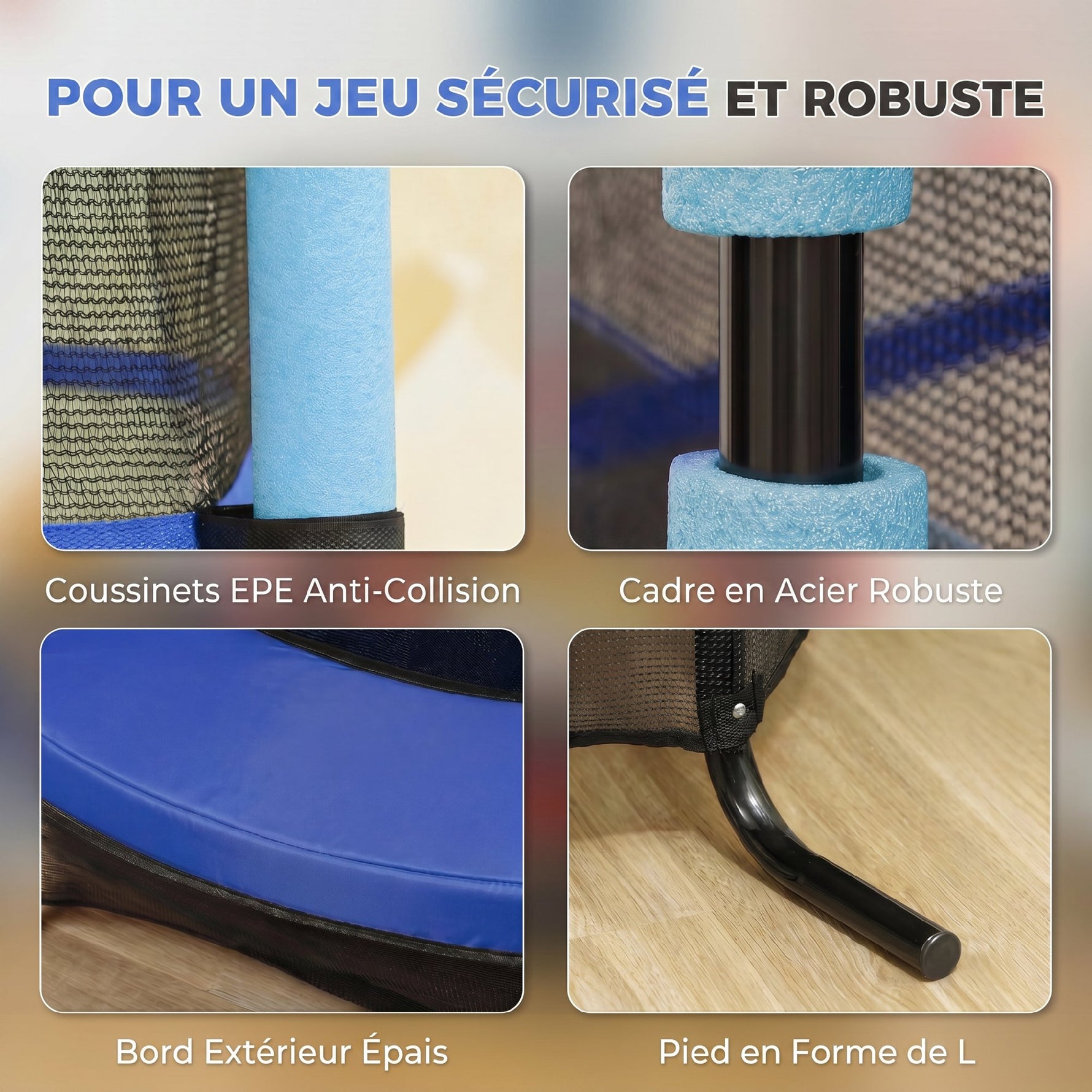 Trampoline Enfant Ø 1,63 × 1,9H m Filet de sécurité Porte zipée Couvre-Ressorts 6 poteaux rembourrés Inclus Bleu