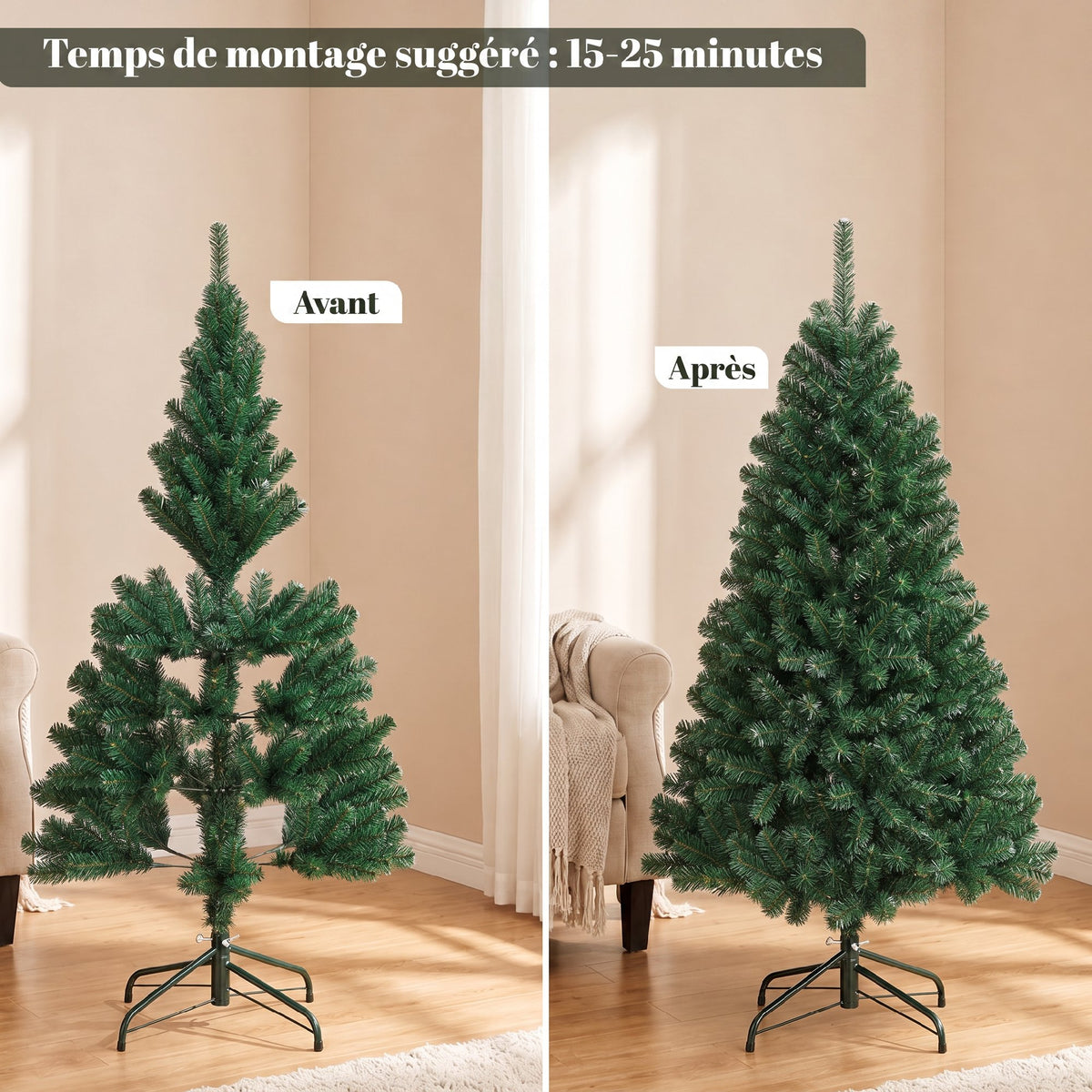 Sapin de Noël Artificiel 150 cm, Arbre de Noël avec 420 Pointes de Branches Articulées, Support Pliable en Acier, Vert