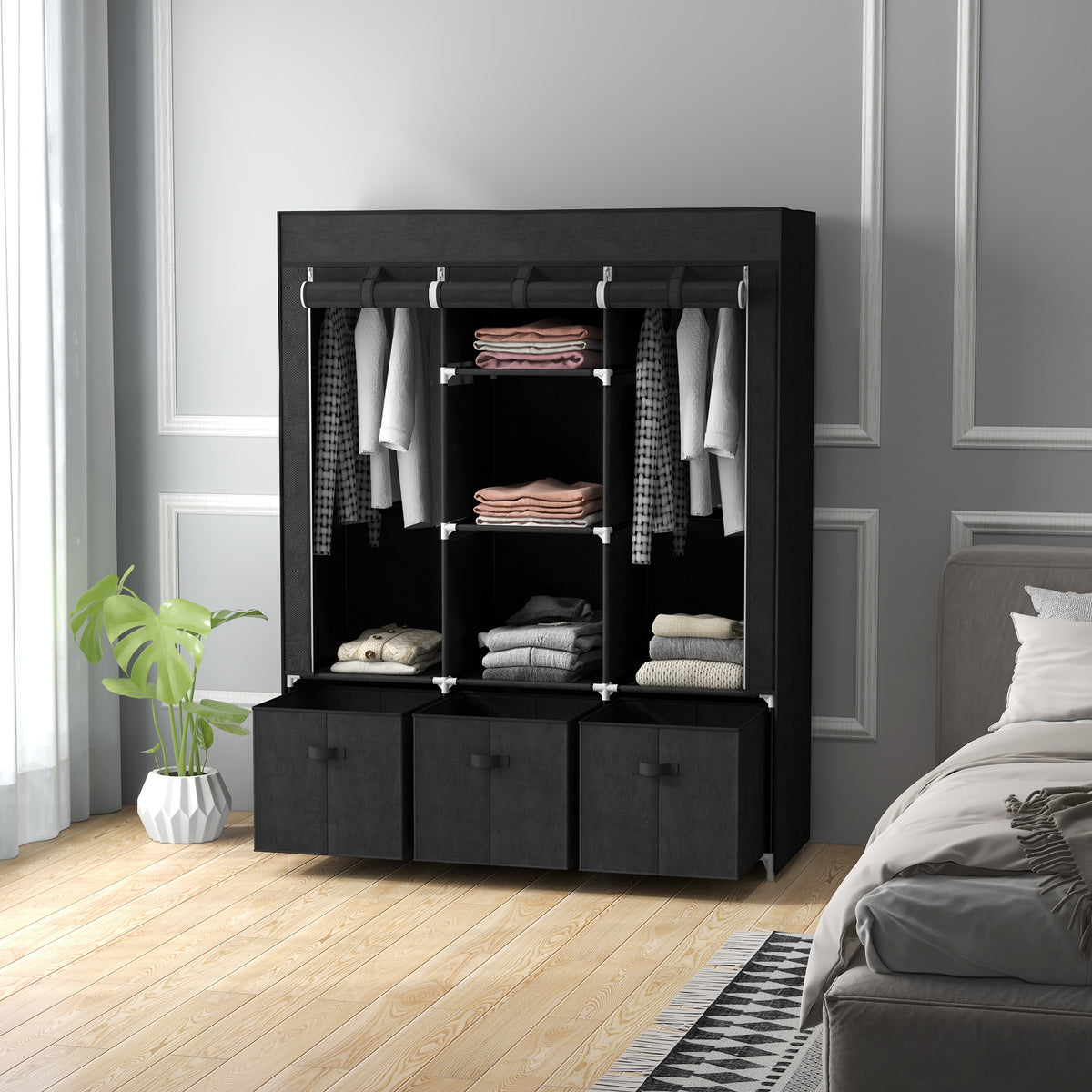Armoire de rangement en tissu pliable avec 5 étagères, 2 tringles et 3 tiroirs en tissu 125L x 43l x 162.5H cm