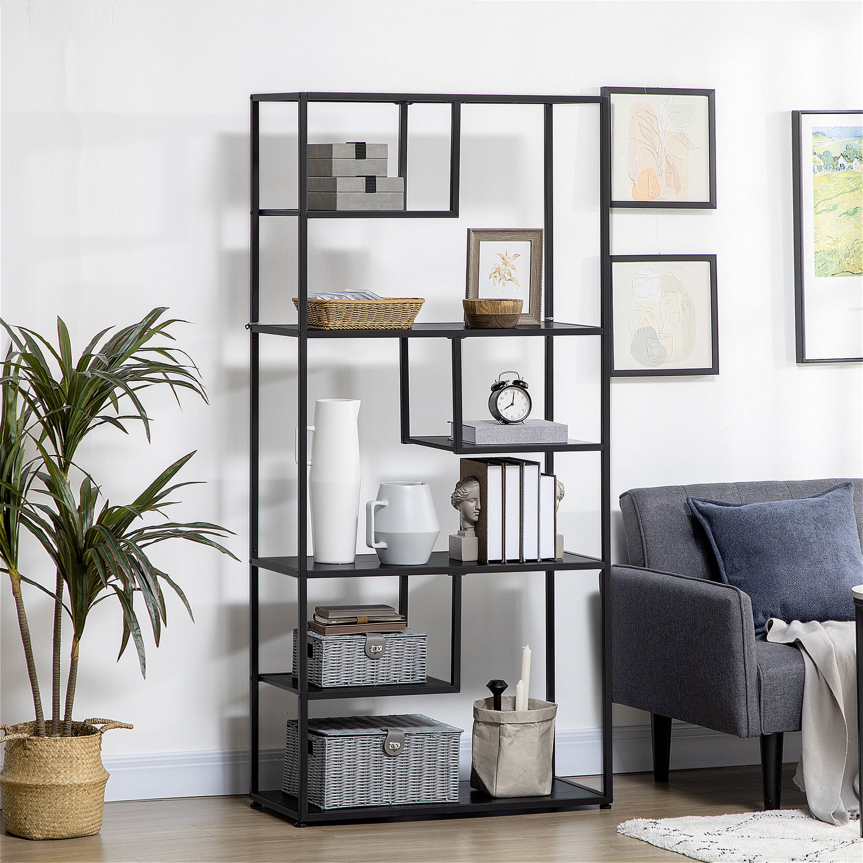 Bibliothèque étagère de rangement à 7 niveaux cadre en acier style industriel 83 x 34 x 180 cm noir