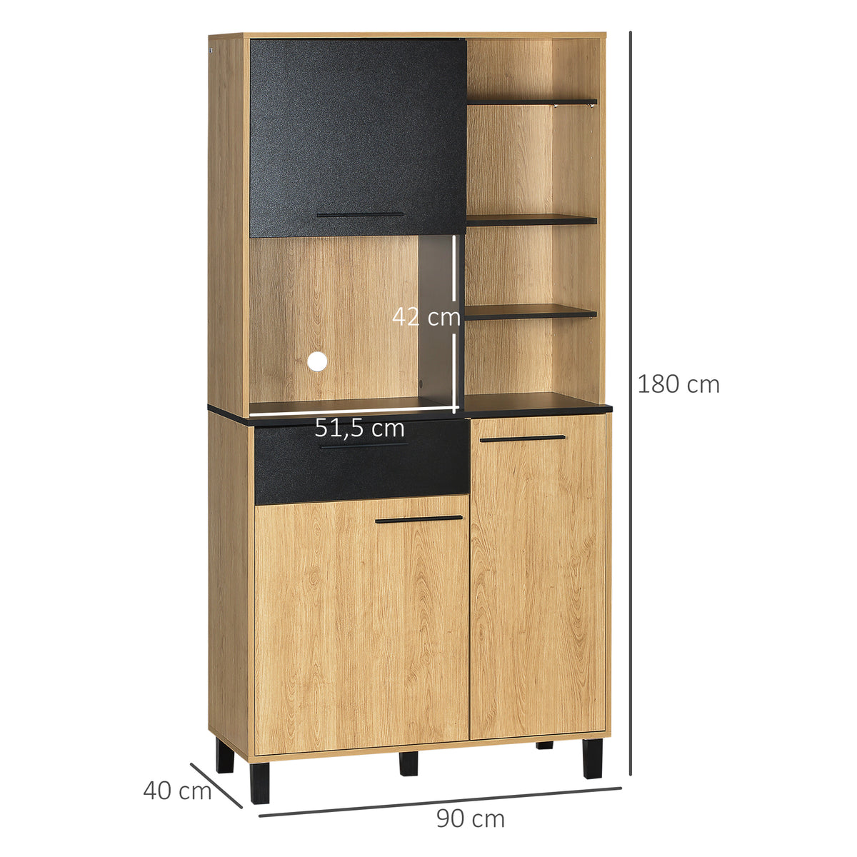 Armoire de cuisine multi-rangements avec tiroir 3 placards 4 niches et passe-câbles hauteur 180 cm noir et bois naturel