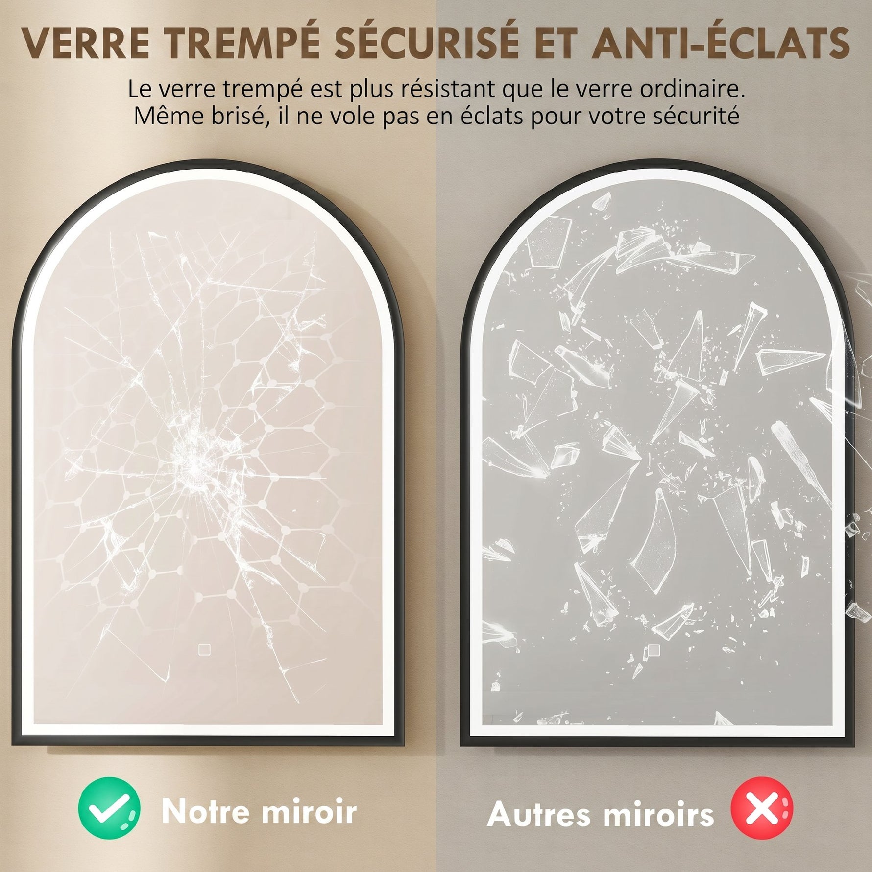 Miroir Salle de Bain avec Éclairage 60 x 90 cm, Miroir LED Arqué, Anti-Buée, 3 Couleurs Lumière, Dimmable, Mémoire, Noir