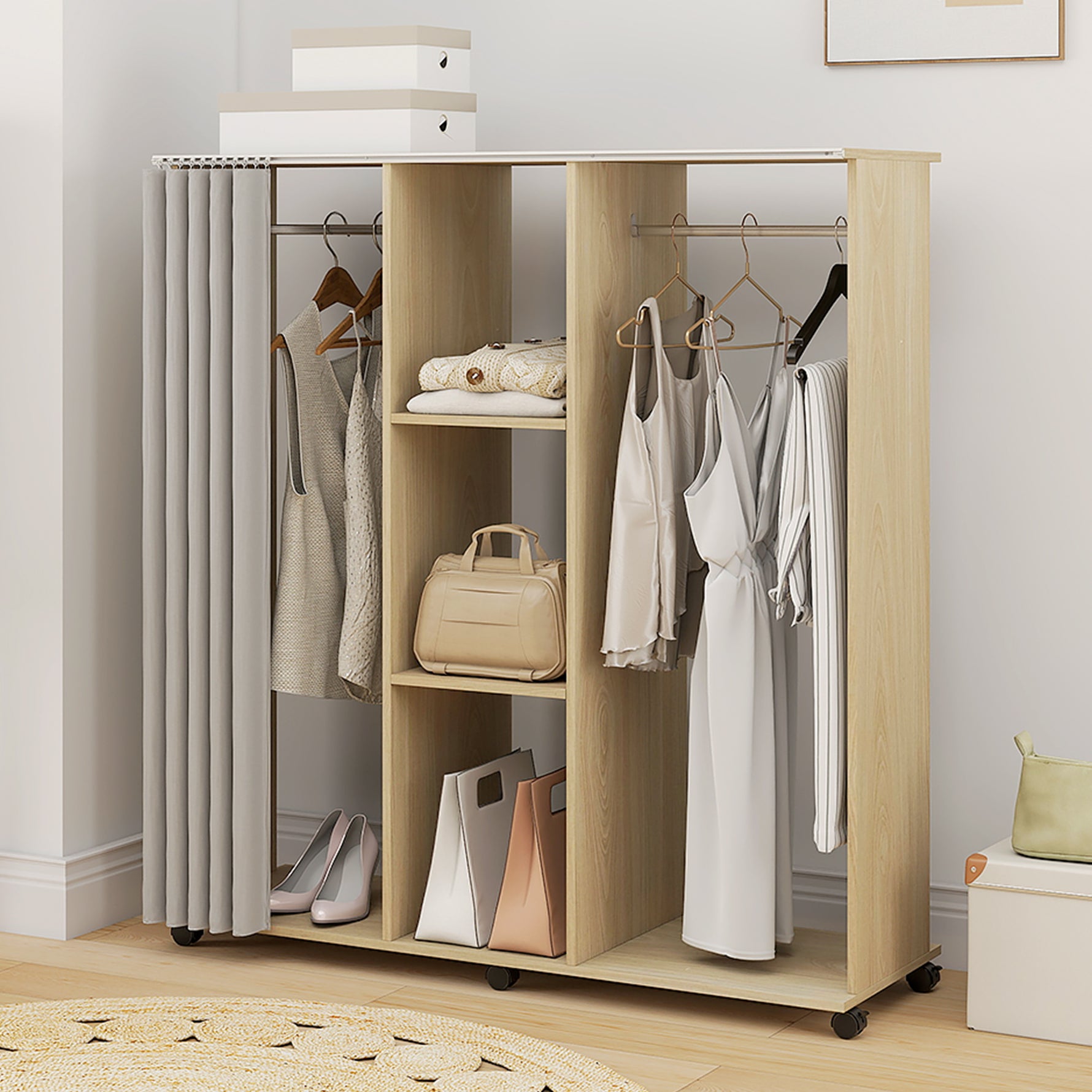 Armoire penderie Meuble de Rangement Mobile 6 roulettes 120L x 40l x 128H cm en bois naturel