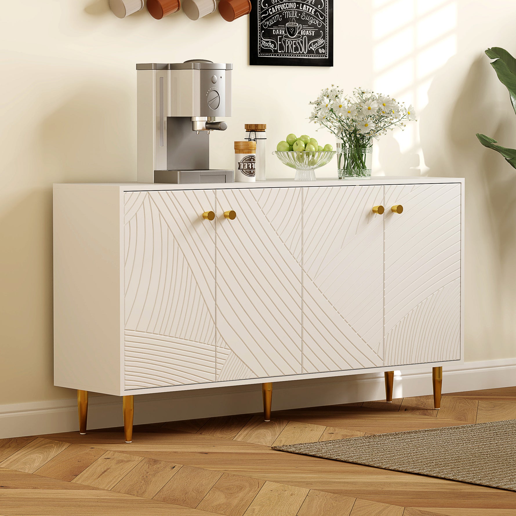 Buffet salon meuble de rangement avec étagères réglables, placards à portes, 140 x 35 x 77,5 cm, blanc