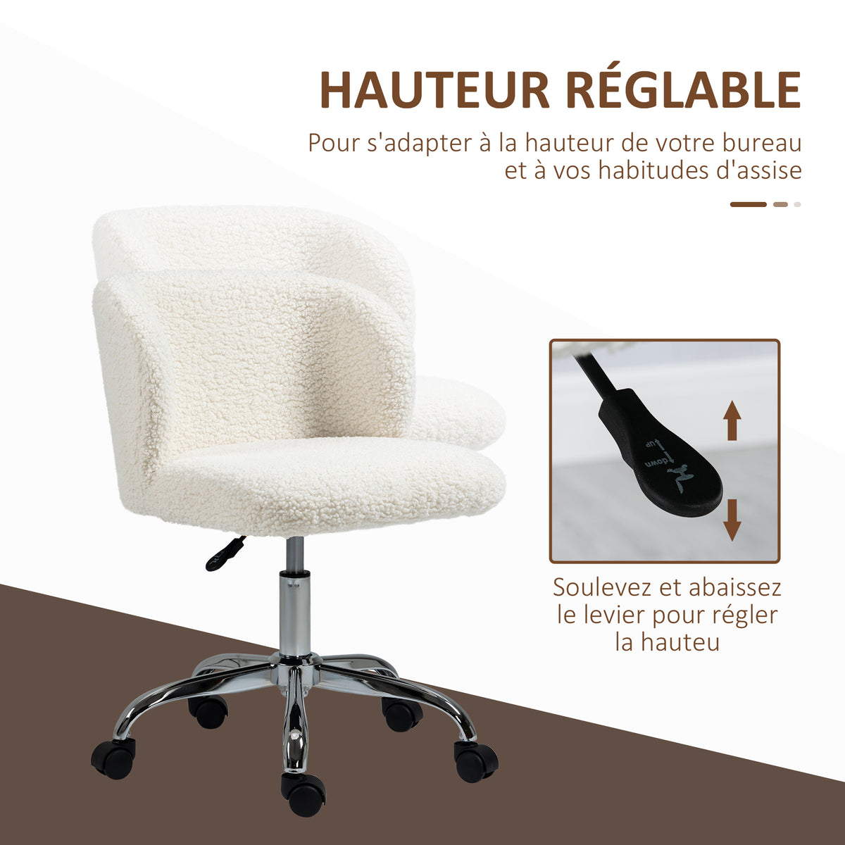 Chaise de bureau sans accoudoir en toison d'agneau hauteur réglable pivotant à 360 ° charge max. 120 Kg blanc