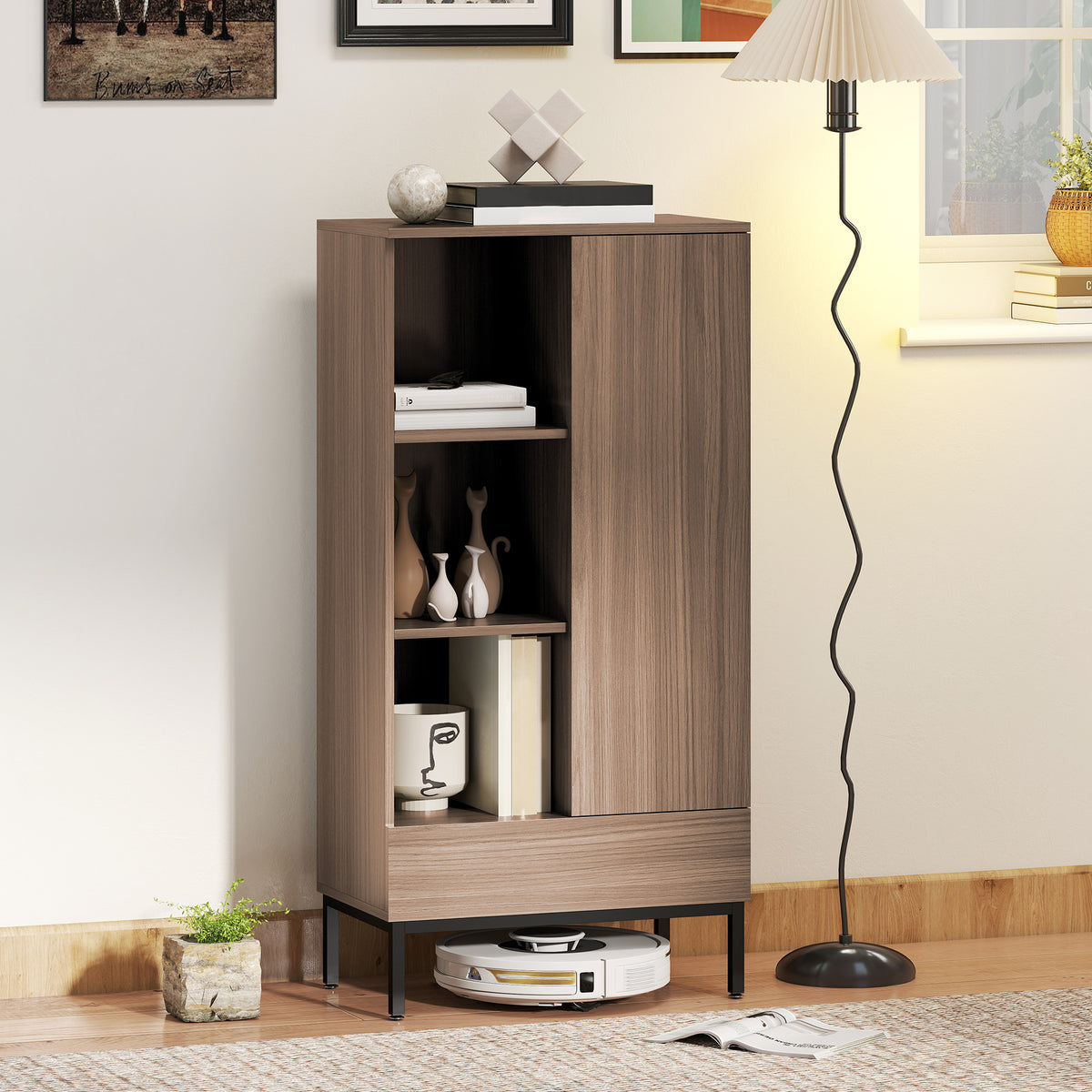 Buffet meuble de rangement avec placard à portes, tiroir, 3 compartiments ouverts et étagères réglables, gris