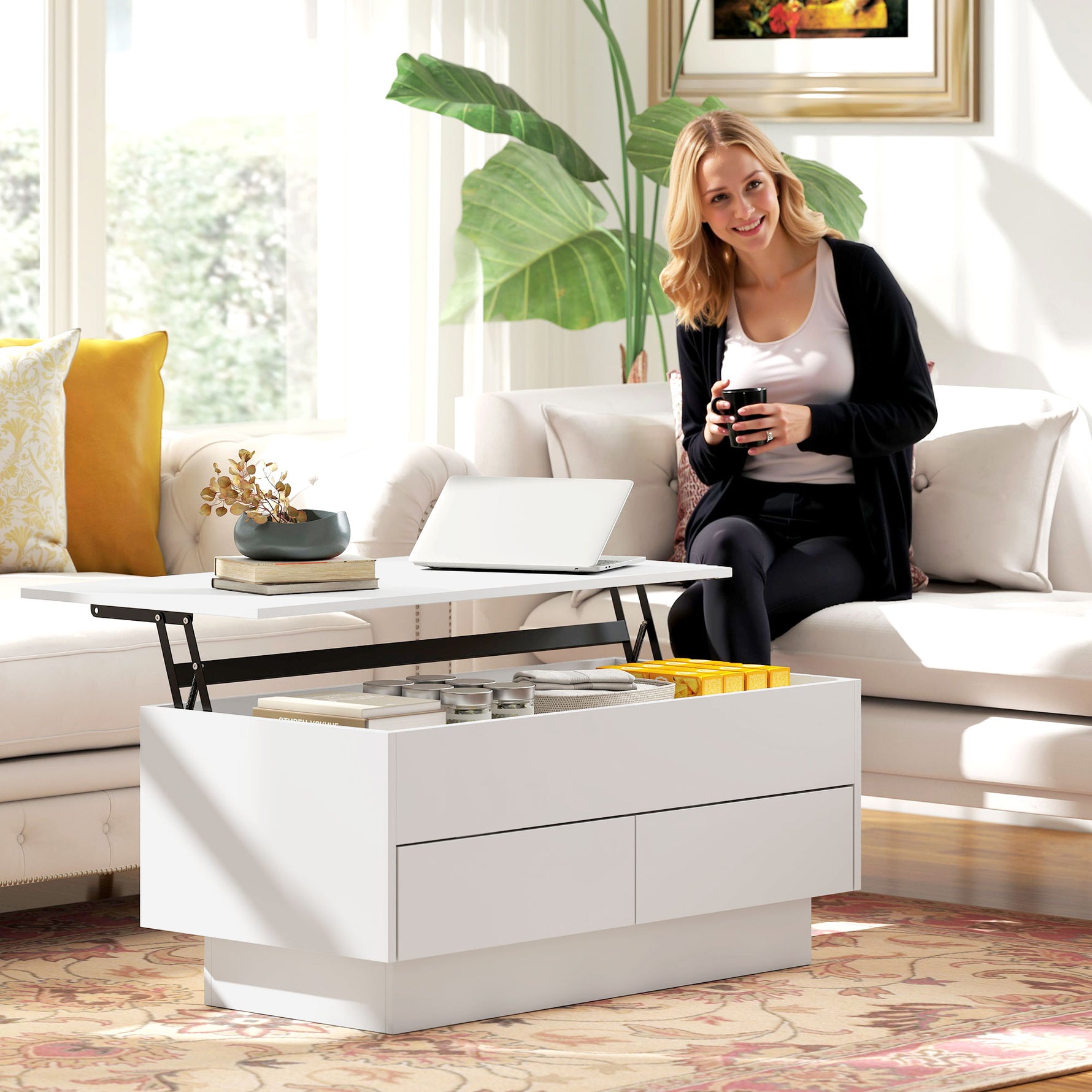 Table basse relevable, table de salon avec compartiment caché et 2 tiroirs, 100 x 50 x 44 cm, blanc