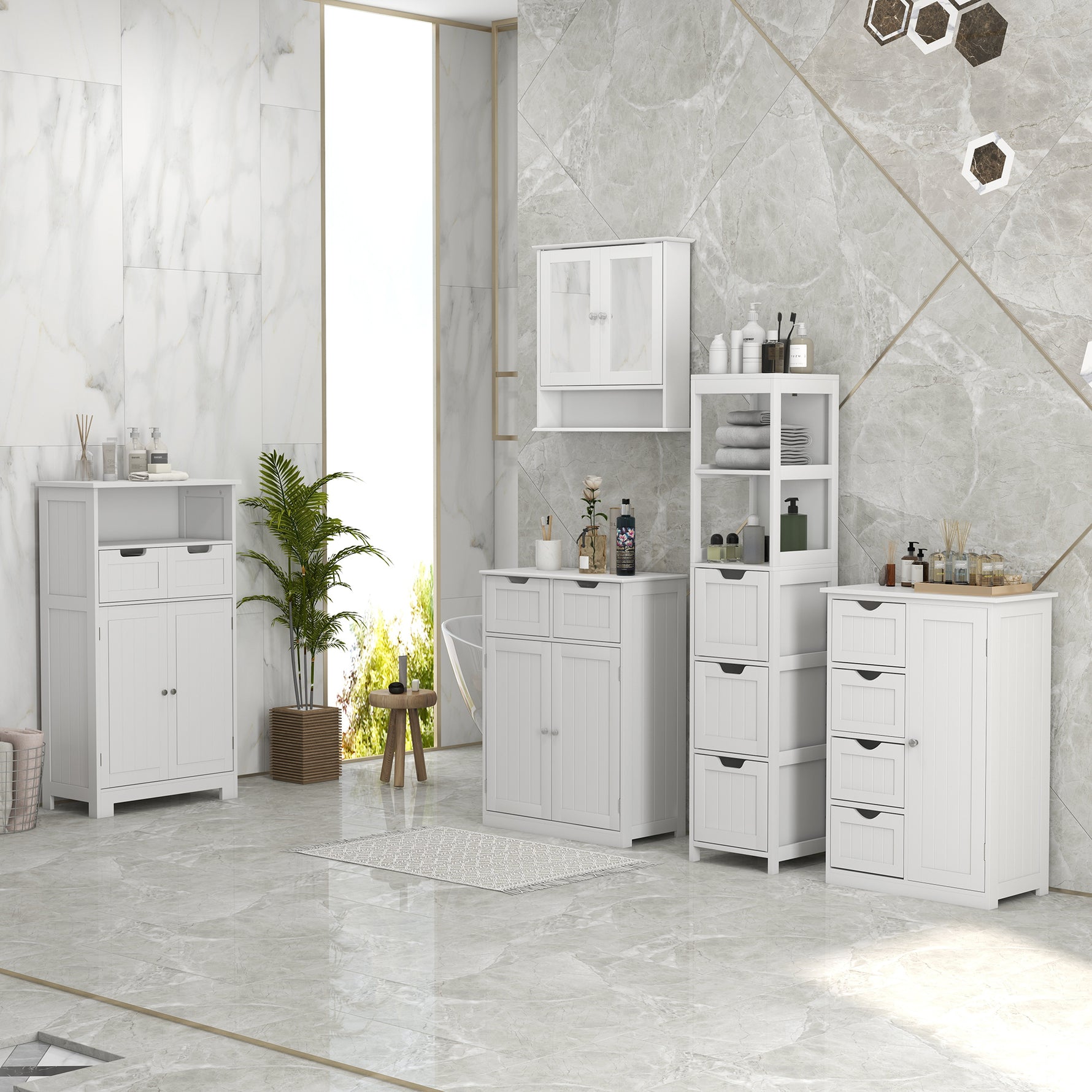 Meuble de salle de bain, meuble de rangement avec 2 tiroirs, niche, placard avec porte, étagère réglable, armoire de salle de bain, cuisine, salon, 60 x 30 x 109 cm, blanc