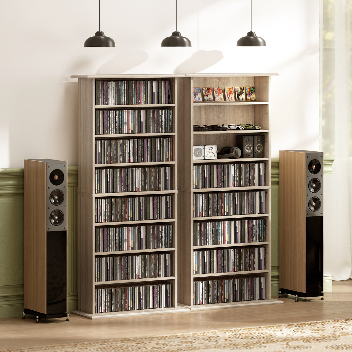 Rangements pour CD et DVD avec 8 compartiments et 6 étagères réglables, capacité max. 360 CD/185 DVD et Blu-ray, naturel
